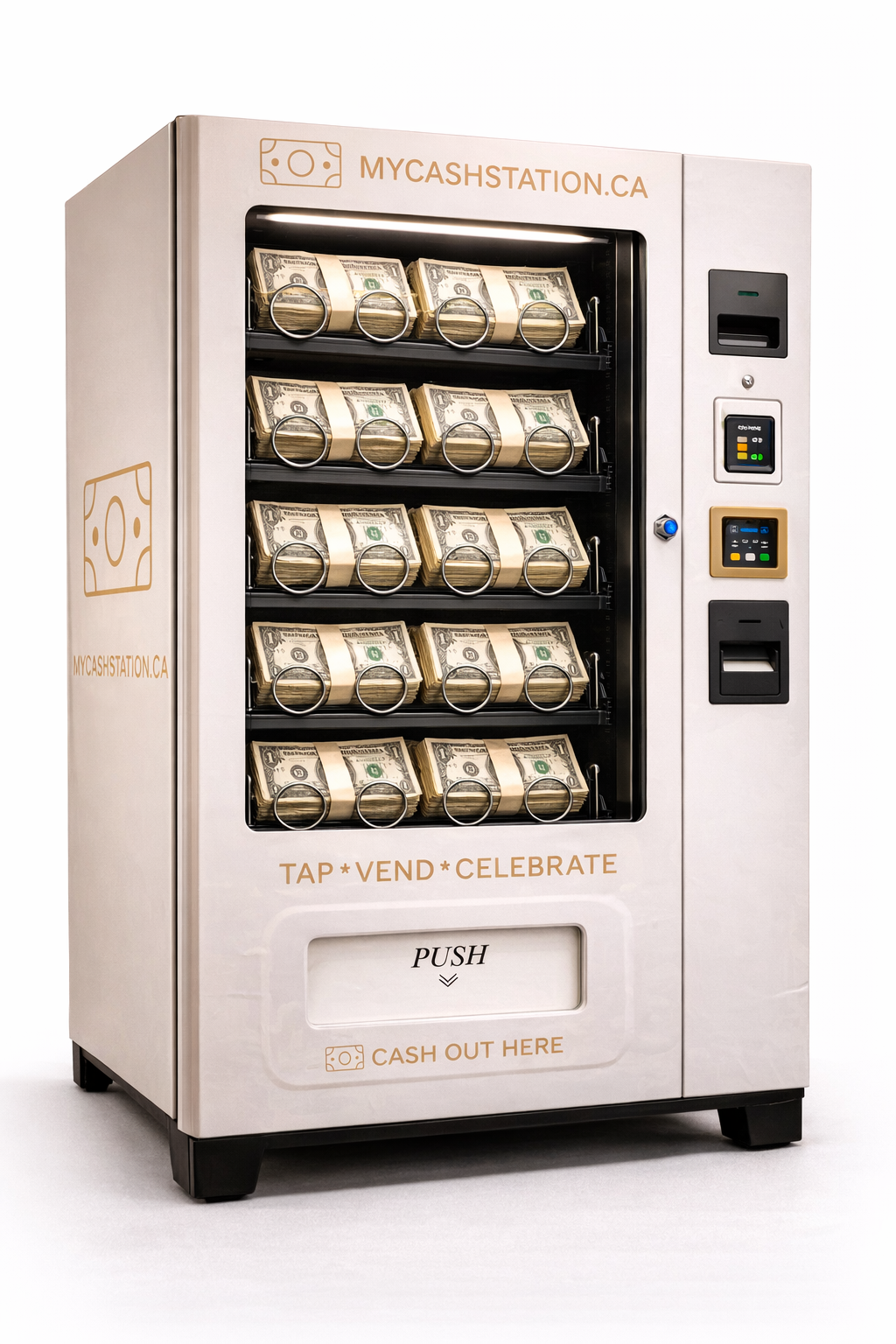 MyCashStation vending machine loaded with dollar bill bundles
