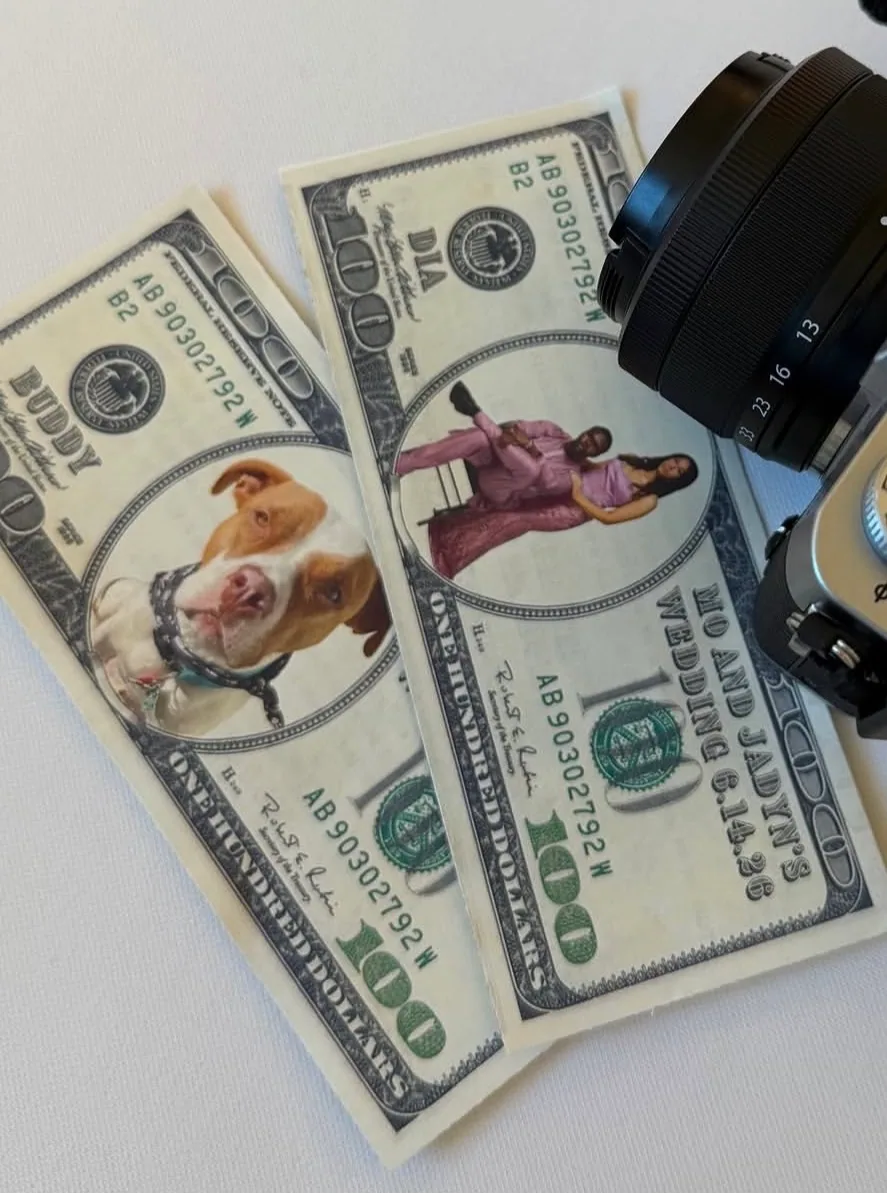 Custom keepsake notes with photographs of a couple and their dog